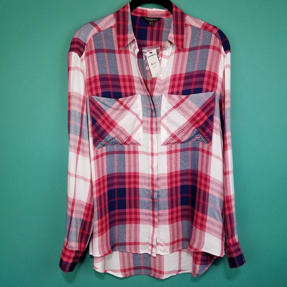 Express Tops - Express Lightweight Flowy Plaid Button Down Shirt